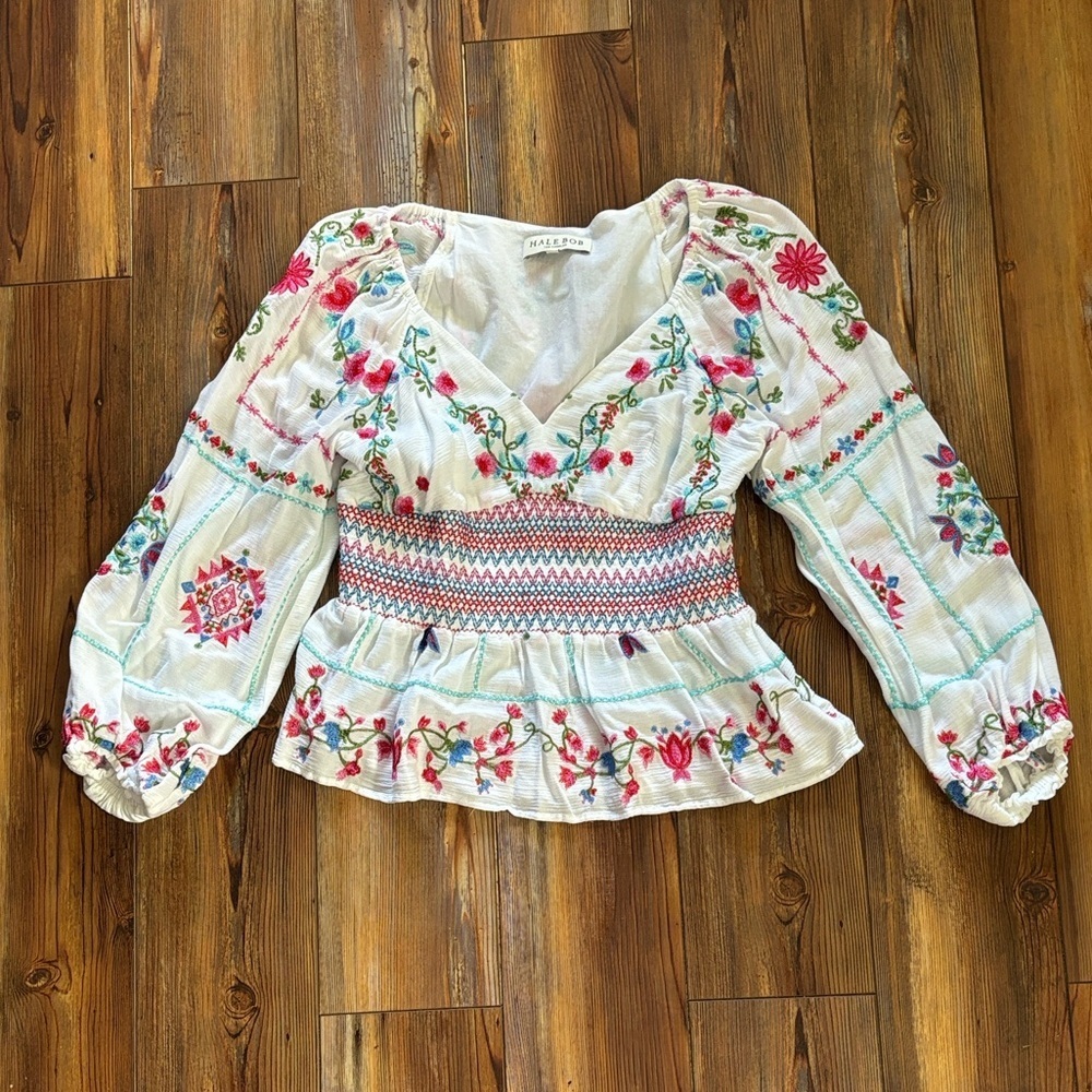 Hale Bob White Blouse with Colorful Floral Embroidery Medium - Picture 2 of 9